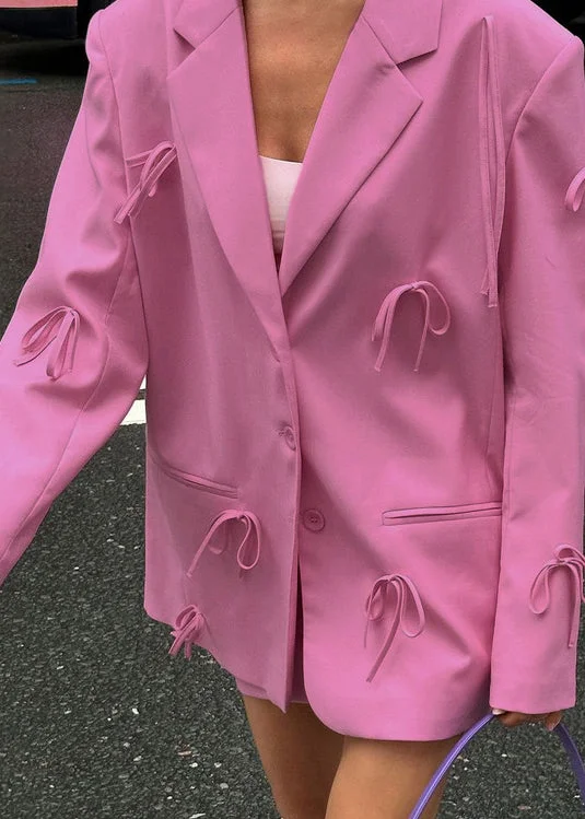 Fashion Pink Peter Pan Collar Pockets Bow Suit Coat Fall