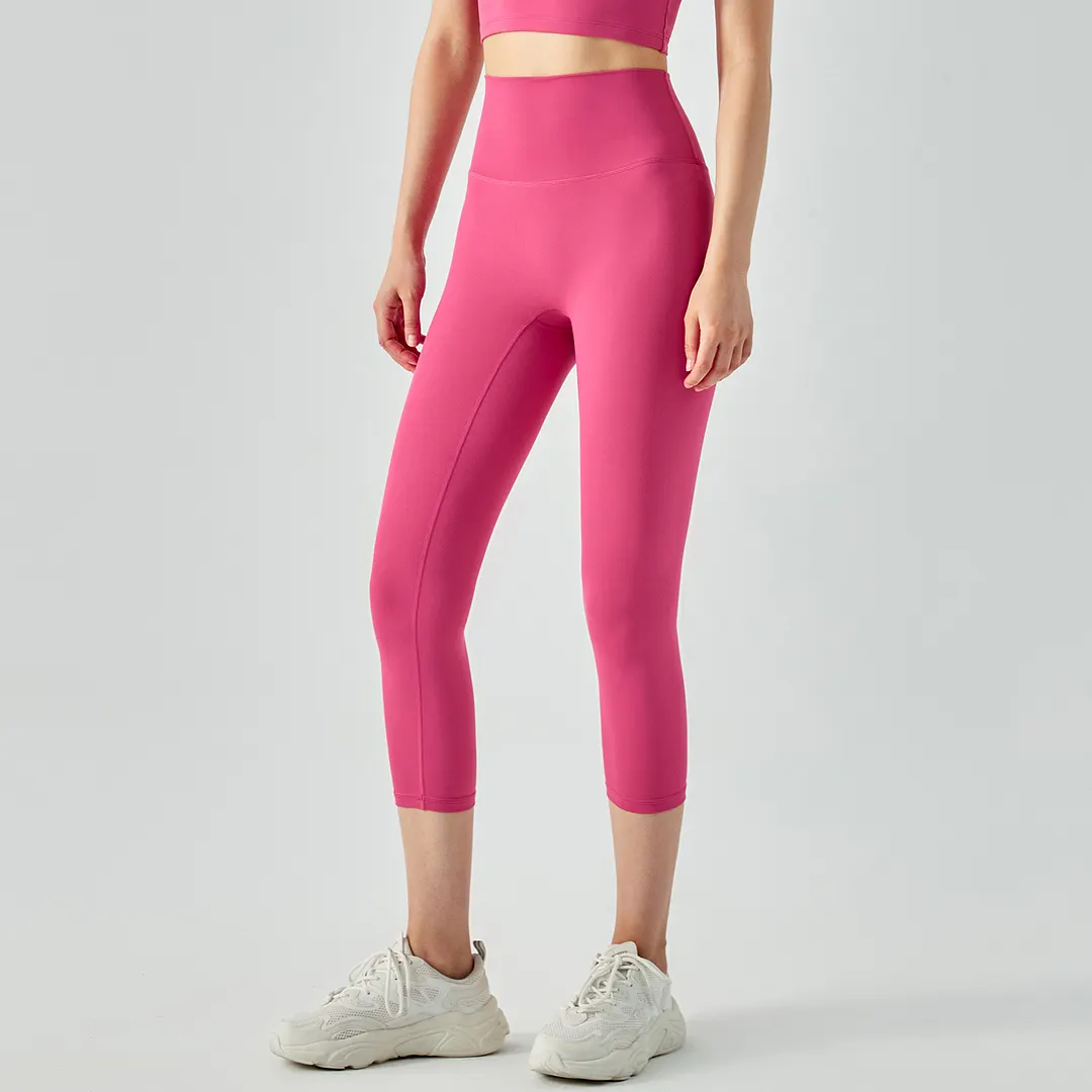Hergymclothing Pink Lychee no camel toe high waist buttery soft brushed stretchy yoga capri leggings online shopping