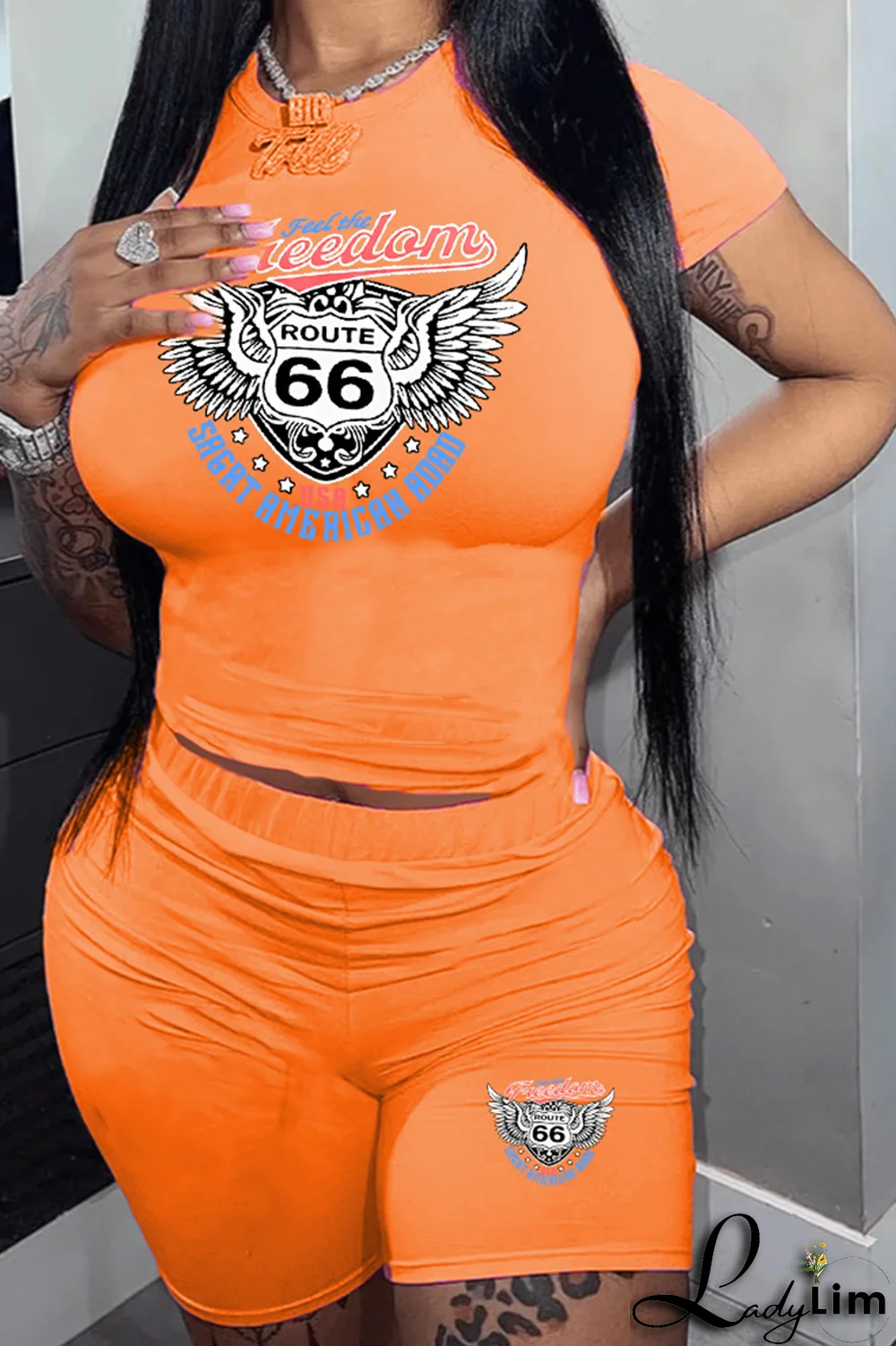 Orange Casual Print Patchwork O Neck Plus Size Two Pieces