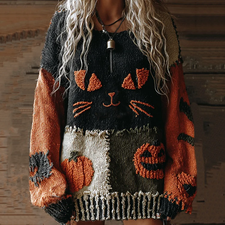 Halloween Cute Cats With Halloween Pumpkin Cozy Knit Sweater