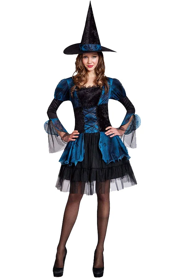 Womens Elegant Lace Patchwork Witch Halloween Costume Blue-elleschic