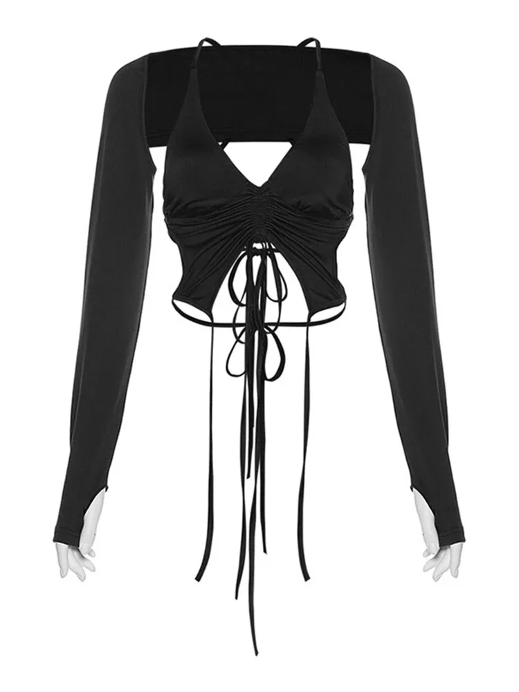 Efenbei Y2k Streetwear 2 Piece Long Sleeve Halter Crop Top Sexy Trendy Irregular Backless Women T-shirts Aesthetic