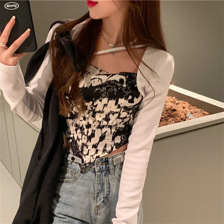 T-Shirts Women Slim Trendy Chic Summer Long Sleeve Ulzzang High Street Lady Fake Two Piece Mujer Camisetas Ins Inside Crops Tops