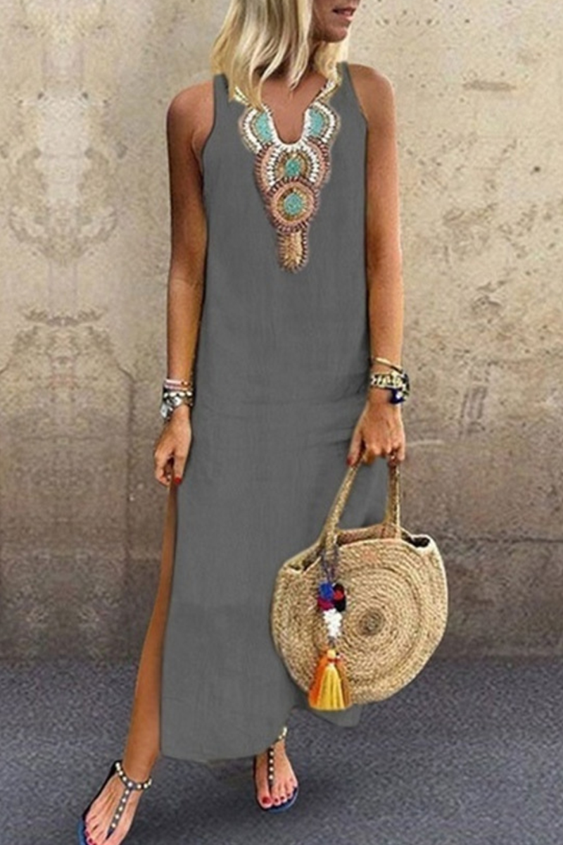 Casual Print Slit V Neck A Line Dresses(7 Colors)