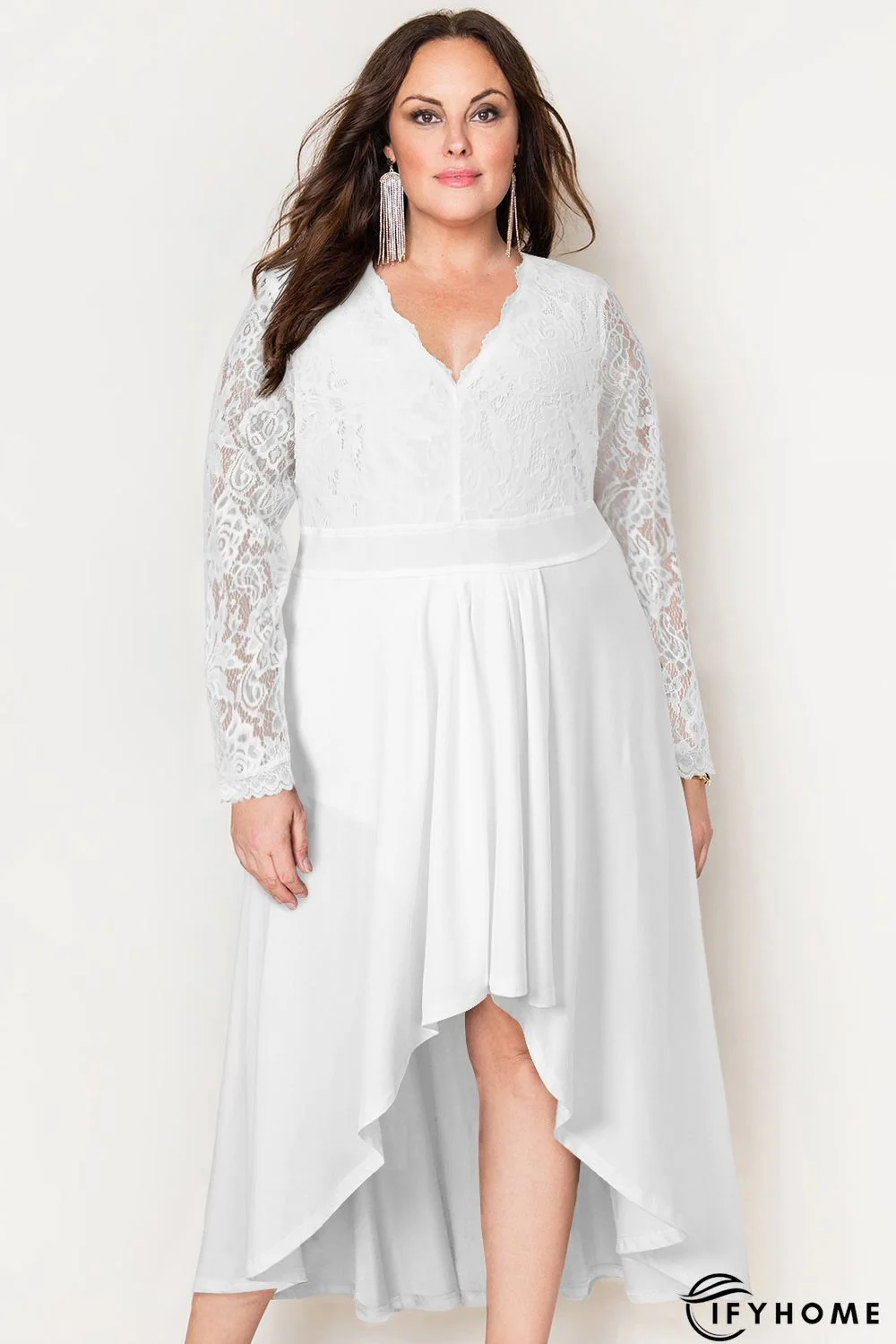 White Plus Size High-Low Lace Contrast Evening Dress | IFYHOME