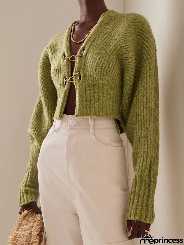 Stylish Long Sleeves Solid Color V-Neck Cardigan Sweater Short Tops