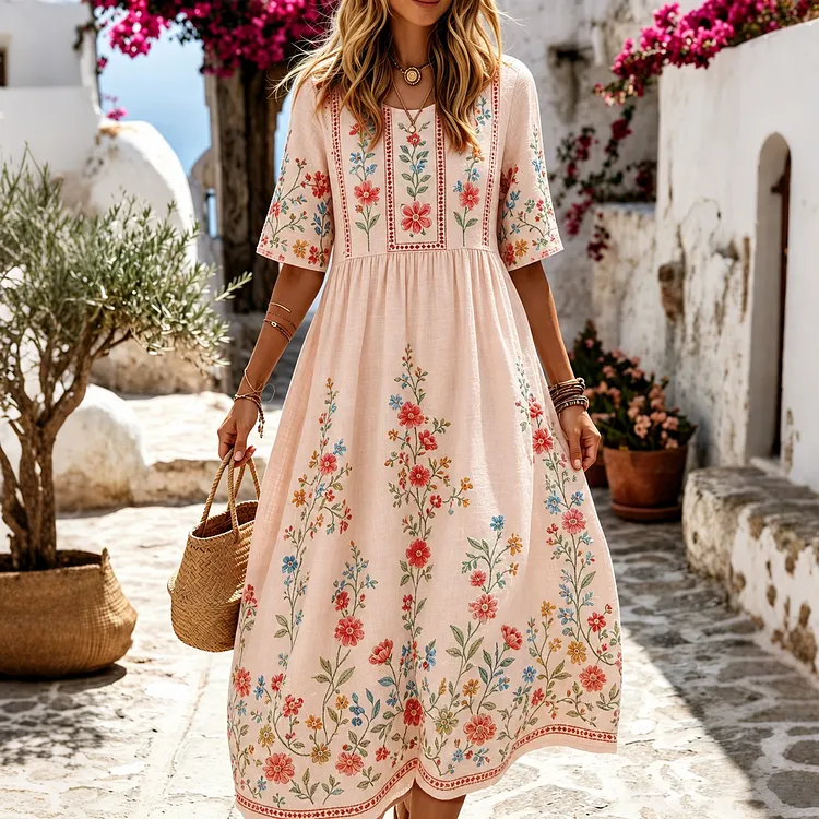 Women's Vintage Floral Embroidery Art Short Sleeve Linen Blend Maxi Dress