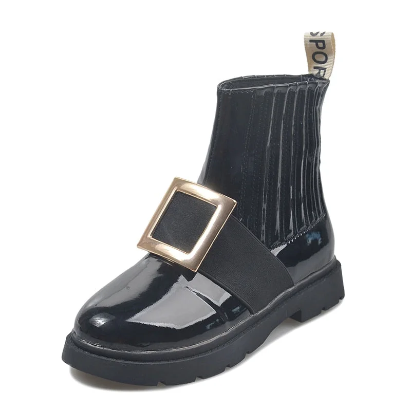 2020 New Breathable  Boots Rhinestones Buckle Cattle Paint Leather Boots Round Head Flat Chelsea Women's Boots