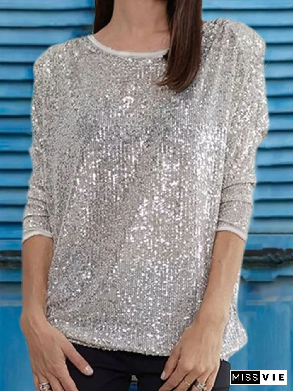 Crew Neck Casual Plain sequins Tops