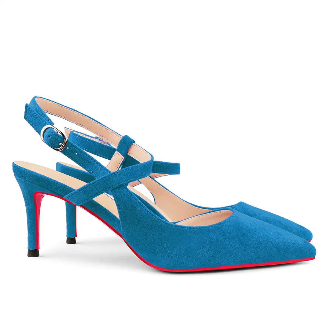 65mm Women Pumps Ankle Strap Jenlove Stiletto Slingback Suede Kitten Pointed Toe Dress Red Bottoms Heels-vocosishoes