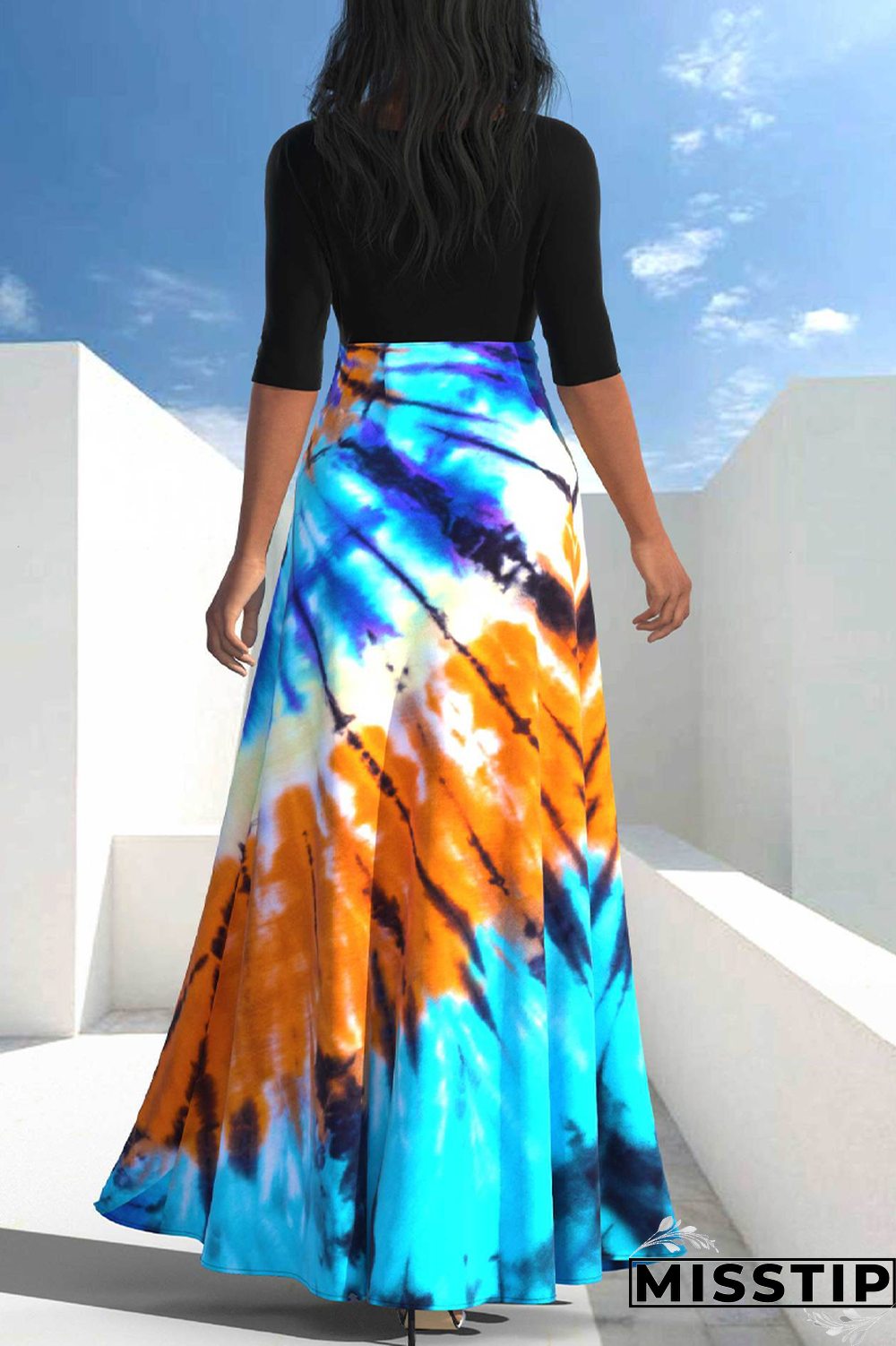 Blue Black Casual Patchwork Tie-dye O Neck Dresses