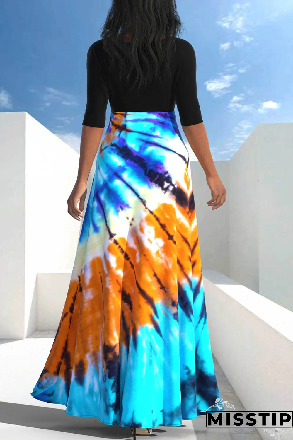 Blue Black Casual Patchwork Tie-dye O Neck Dresses
