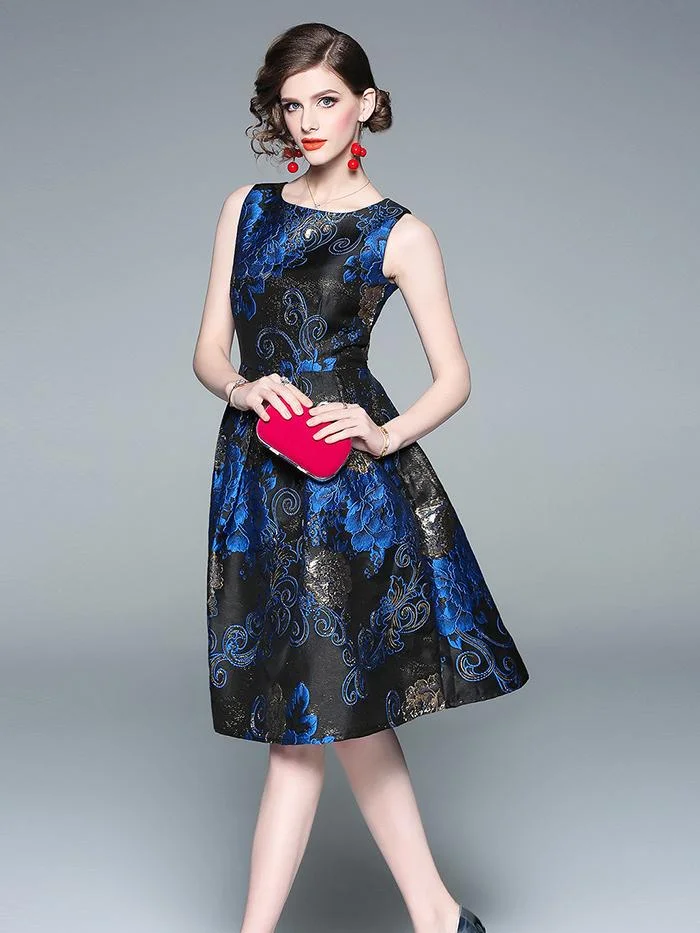 Temperament gold silk jacquard waist sleeveless dress