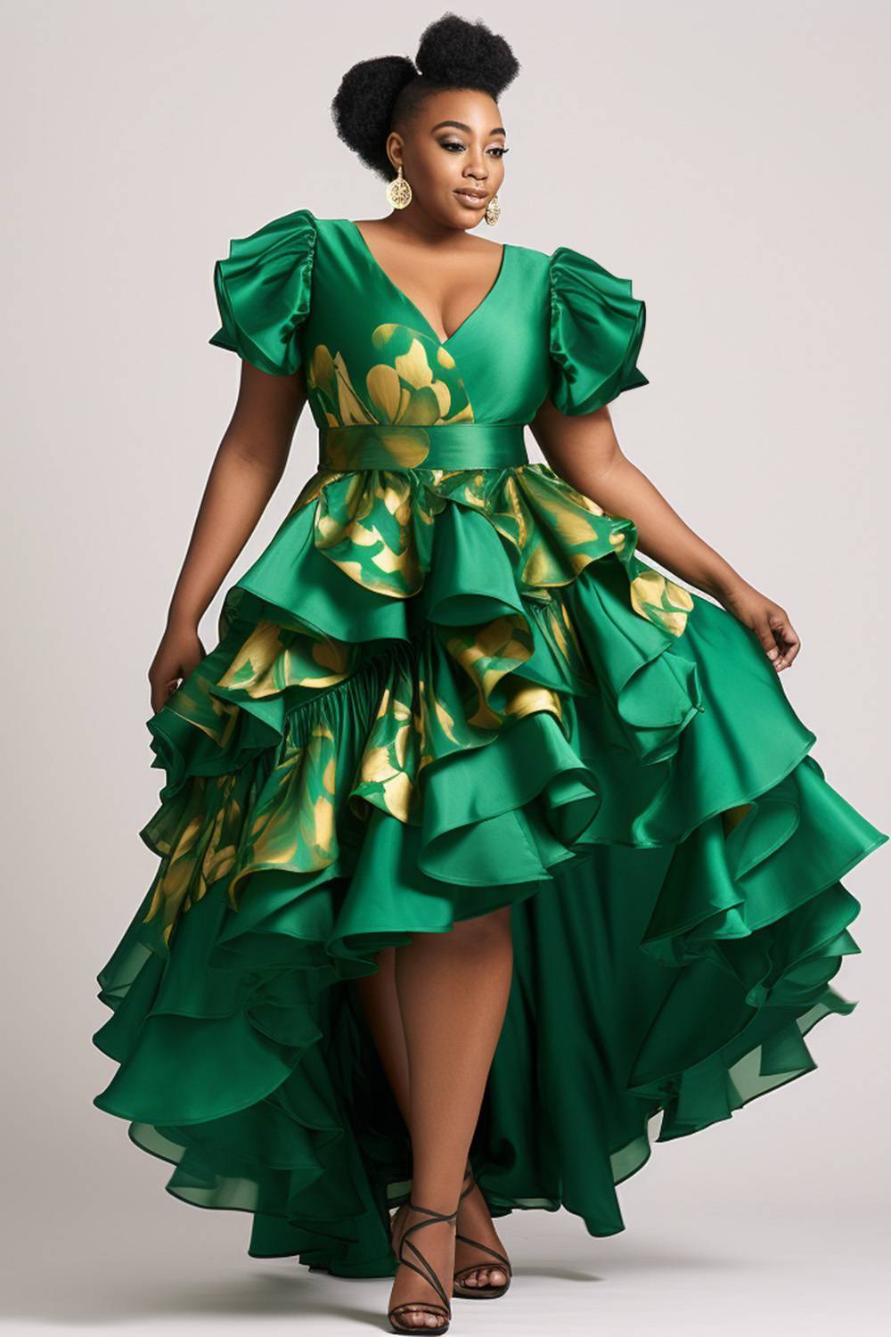 Design Plus Size Semi Formal Elegant Green Floral V Neck Petal Sleeve Short Sleeve Ruffle Satin Midi Dresses [Pre-Order]