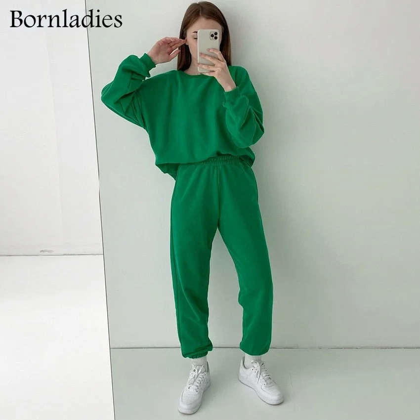 Bornladies New Women Green Sport Suit Two Piece Long Sleeve Pullover Whith Sweatpants Set Autumn Active Wear Outfit Casual Suits