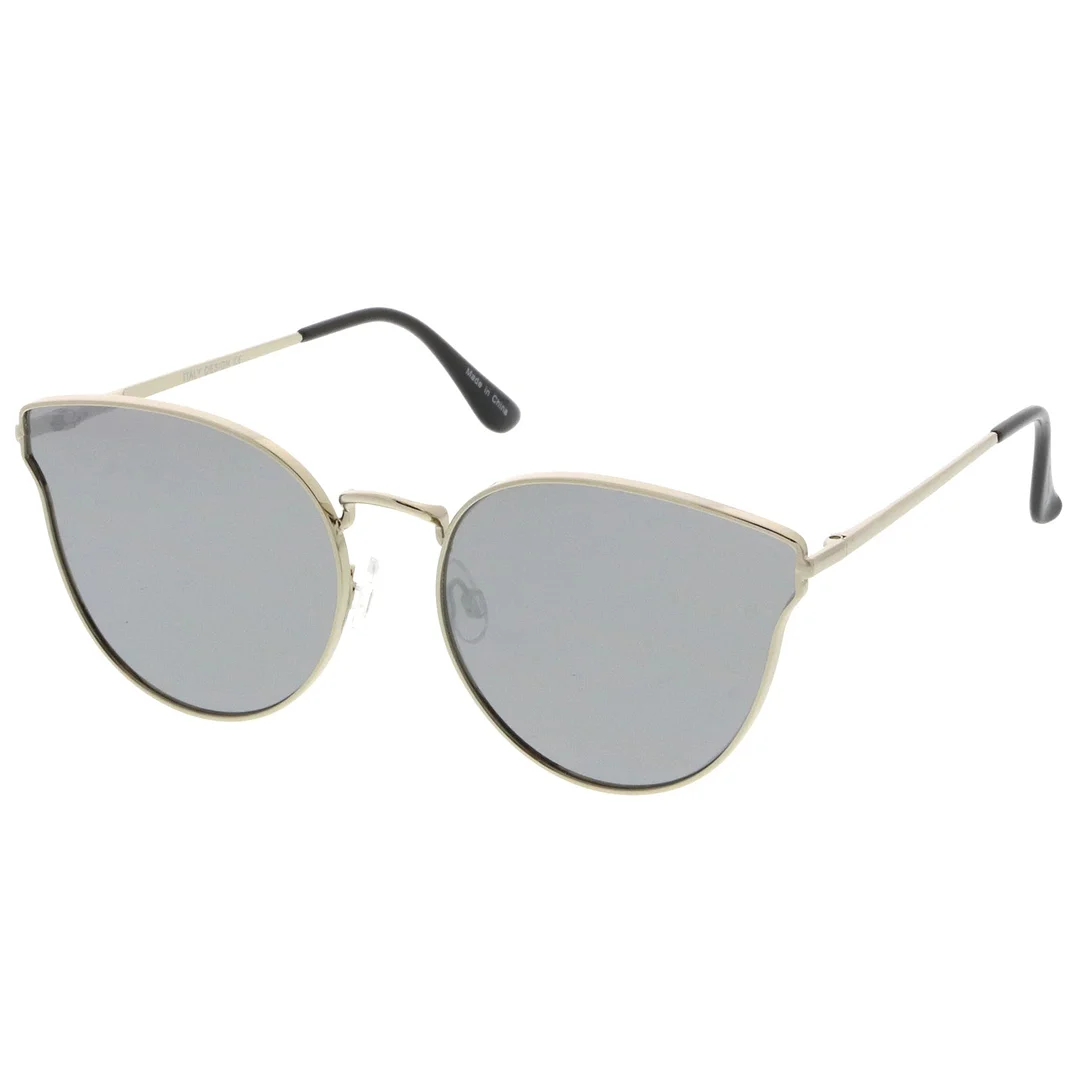 Premium Metal Cat Eye Sunglasse With Slim Arms And Round Colored Mirror Flat Lens 54mm