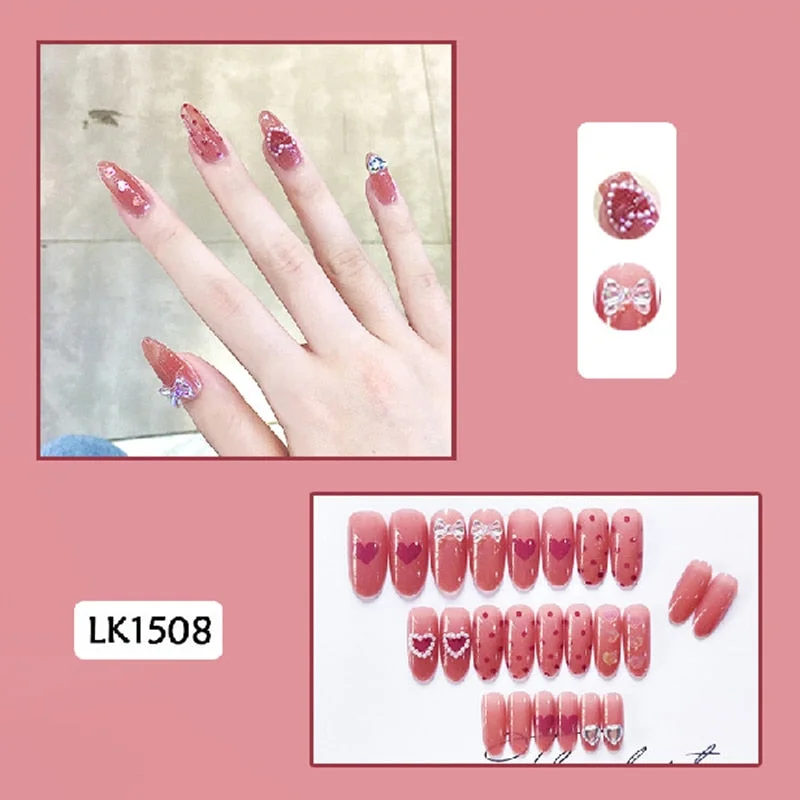 24pcs Butterfly Print Nails Patch Glue Type Long Paragraph Fashion Manicure Patch False Nails Save Time Nail Patch New SANA889-Nail Inspo