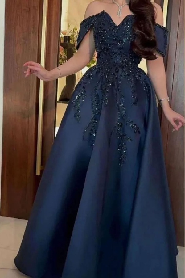 Elegant Dark Navy Off-The-Shoulder Sequins Evening Dress | ZT0393