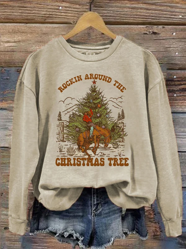 Women's Vintage Western "ROCKIN AROUND THE CHRISTMAS TREE" Printed Sweatshirt - BSRTRL0071