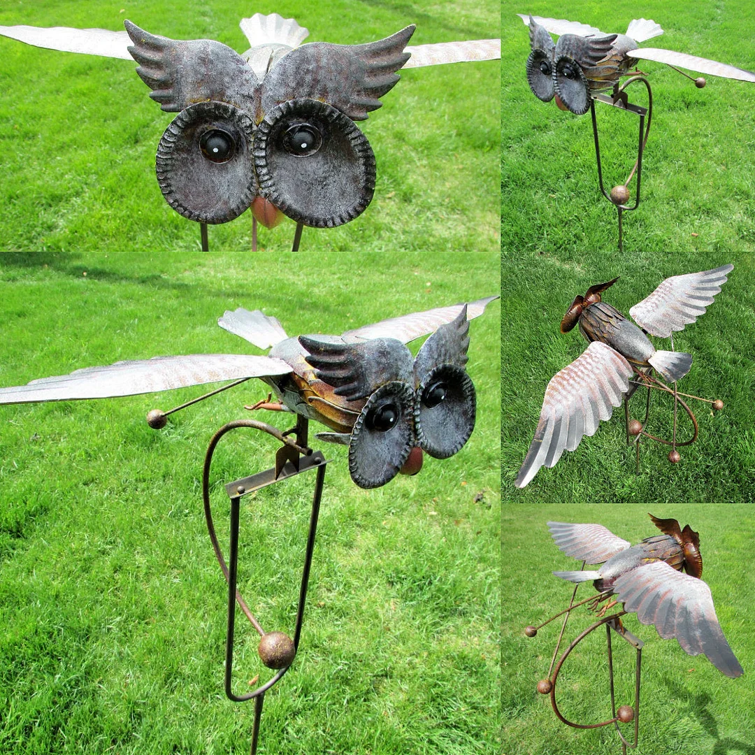 Metal Kinetic Owl Outdoor Decorative Garden Art Outdoor Garden Pile Ornament