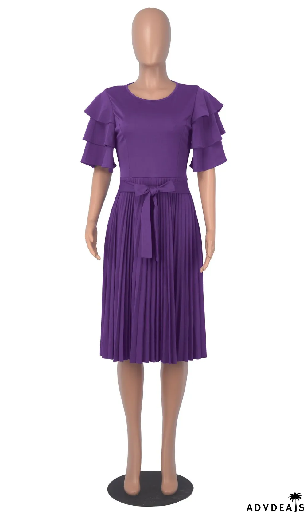 Summer Women Round Neck Ruffle Short Sleeve Pressed Pleated Dress