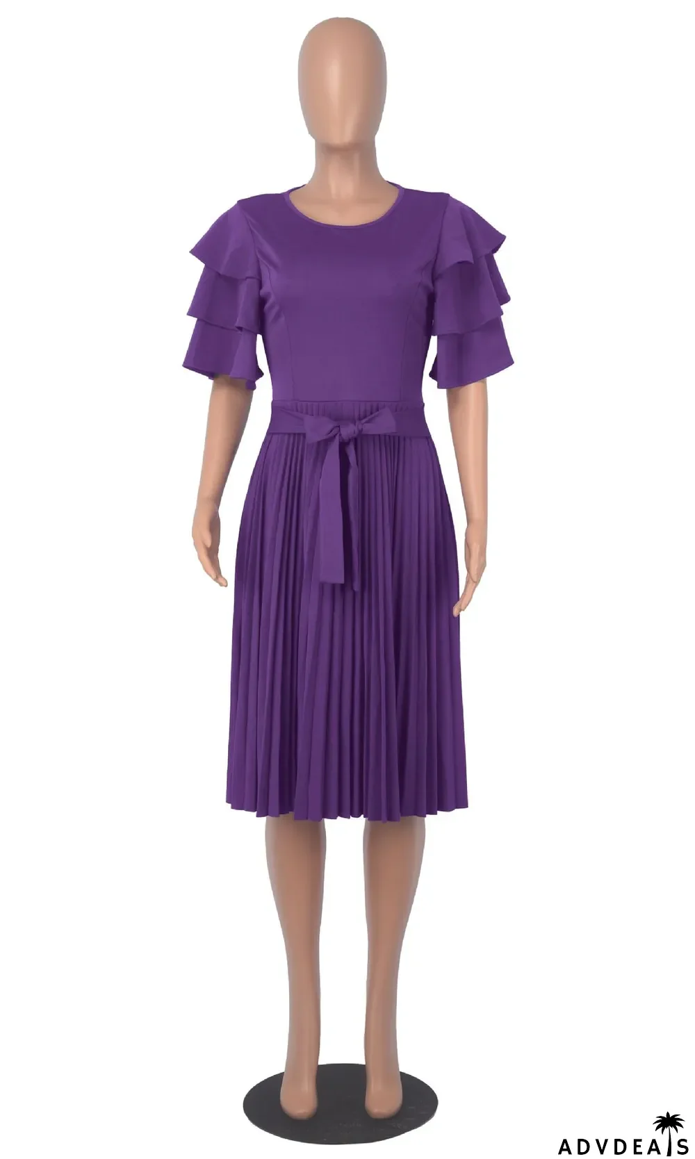 Summer Women Round Neck Ruffle Short Sleeve Pressed Pleated Dress