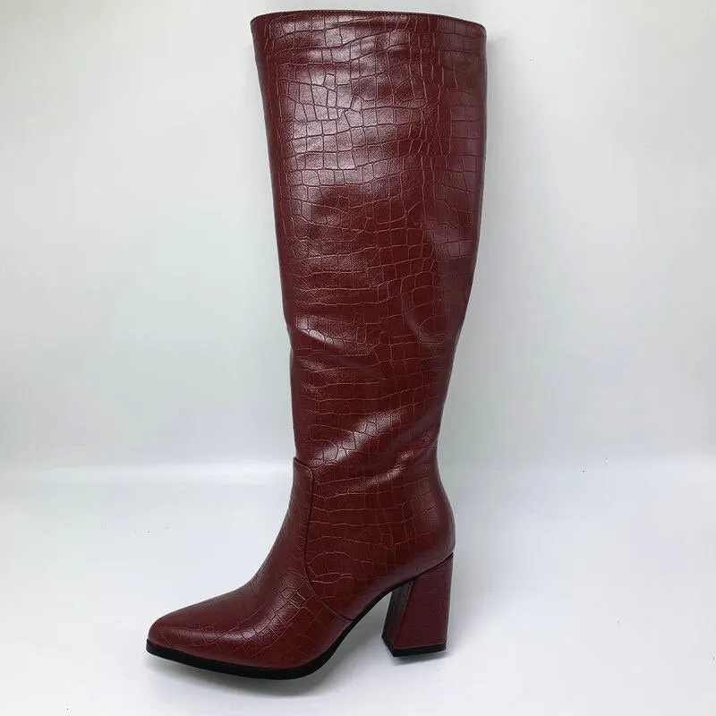 Band Designer Faux Leather Women Knee High Boots Pointed Toe Boots Women Long Chunky Block High Heel Boots Black Apricot Brown