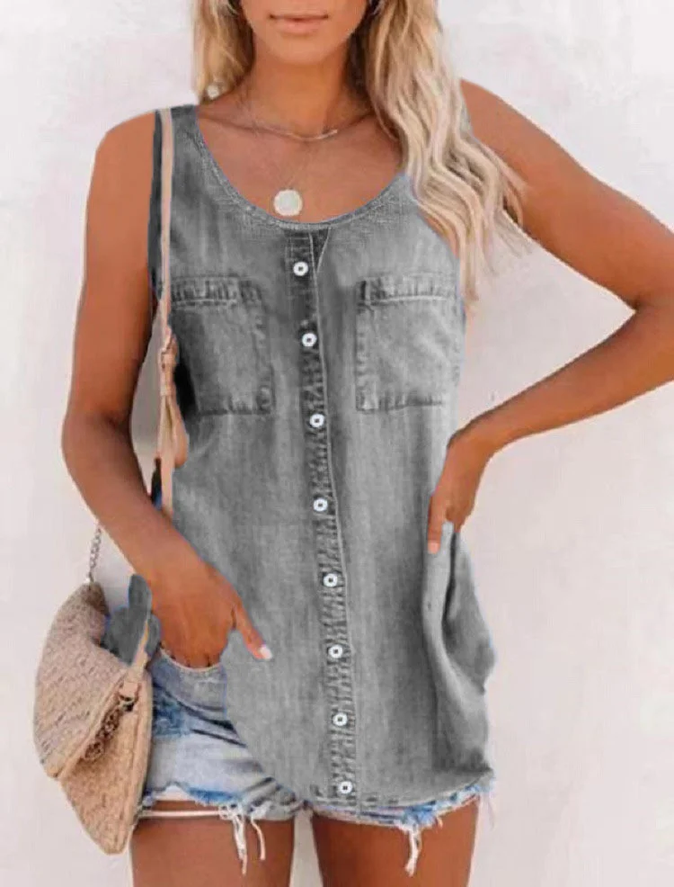 Nigikala Nigikala Women's 2025 Summer New Fashion Imitation Denim Vest Casual Print Sleeveless Top