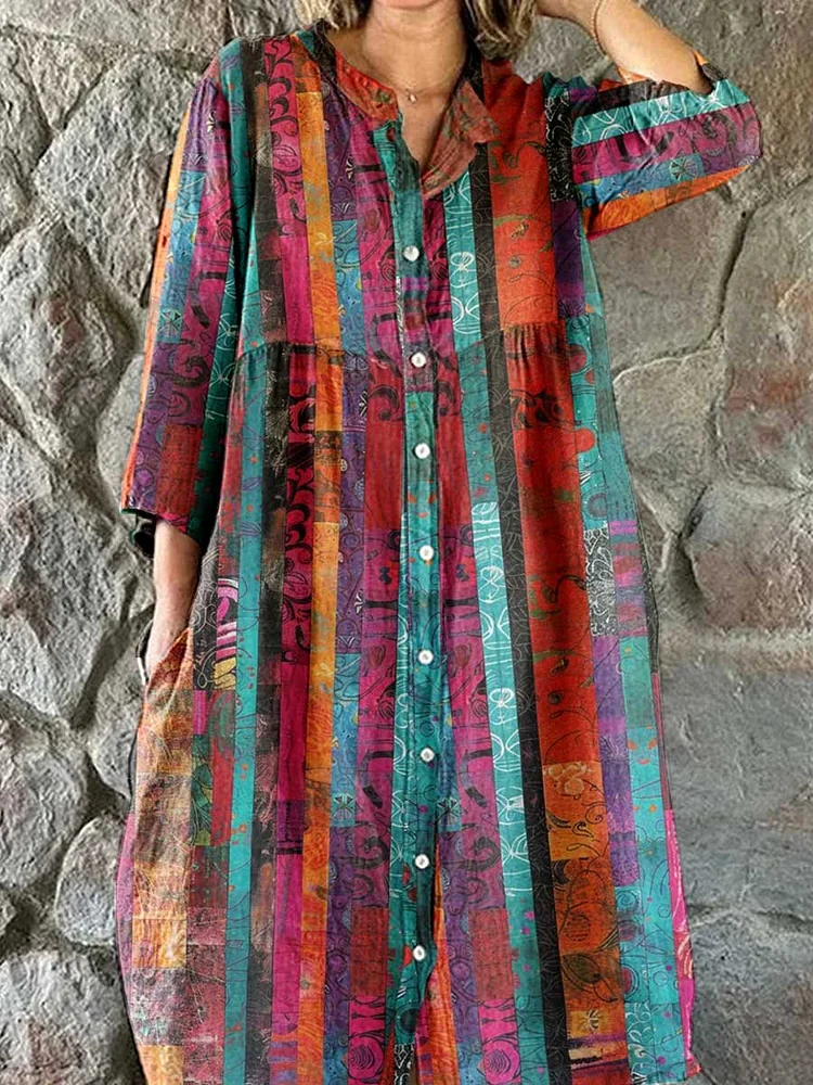 Women's Art Abstract Floral Pattern Shirt Style Cotton and Linen Dress