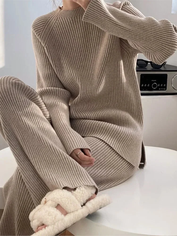 Tlbang Fashion Fall and Winter Warm Casual Elegant Women's Two-piece Female Knitted High-waisted Wide-legged Straight Pants Suit