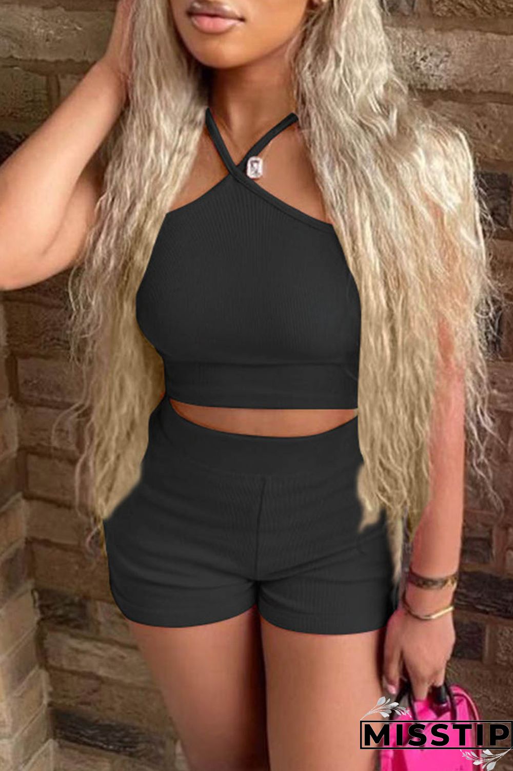 Pink Sexy Casual Solid Backless Spaghetti Strap Sleeveless Two Pieces