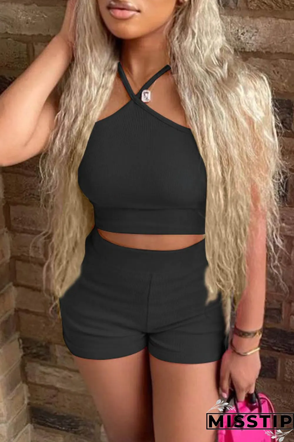 Pink Sexy Casual Solid Backless Spaghetti Strap Sleeveless Two Pieces