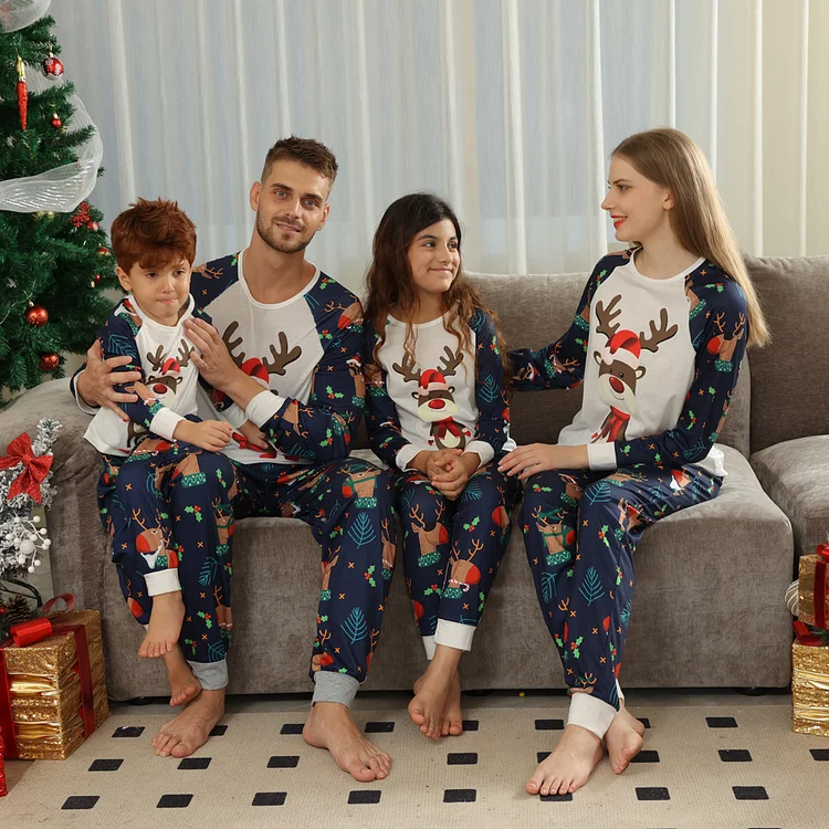 Christmas Moose Cartoon Print Dark Blue Family Matching Pajamas Sets(White)