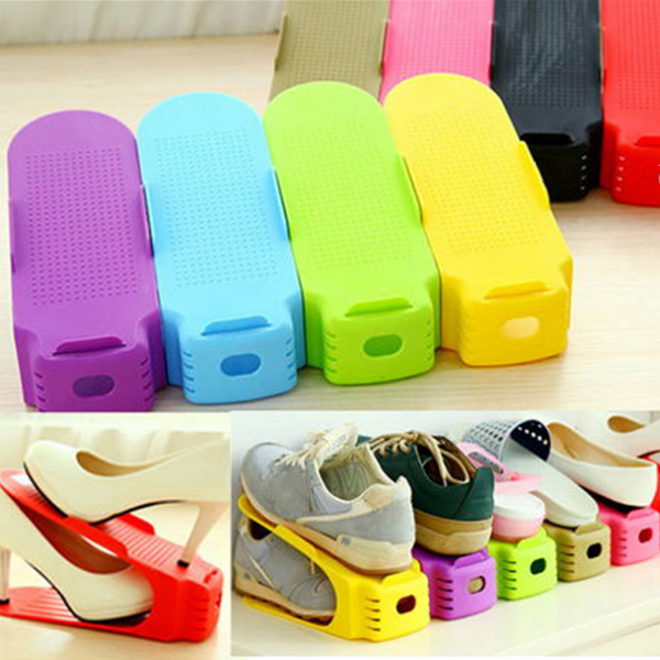 Simple Shoes Rack Solid Color Plastic Double Adjustable Layer Stereo Receive Shoes Storage Hanger Saves Pace  HG99