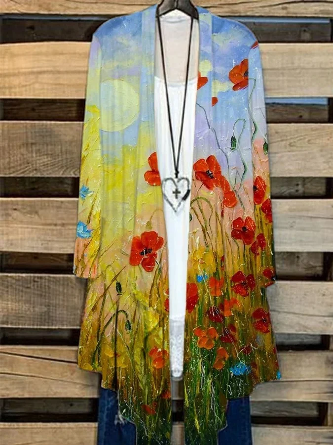 Women's Oil Painting Floral Print Casual Cardigan
