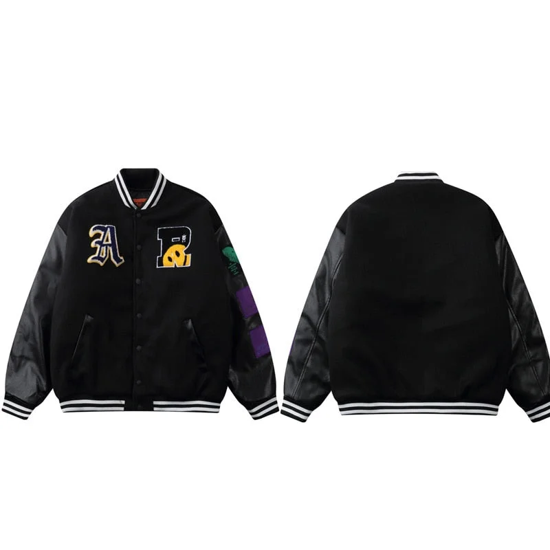 Hip Hop Baseball Jacket Men Coats Furry Smiley Letter Embroidery Oversized Varsity Jackets PU Harajuku Bomber Jackets Streetwear