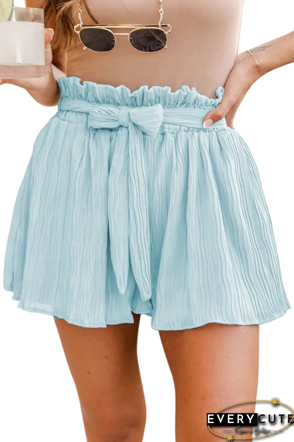 Sky Blue Ruffled Waist Pleated Shorts with Belt