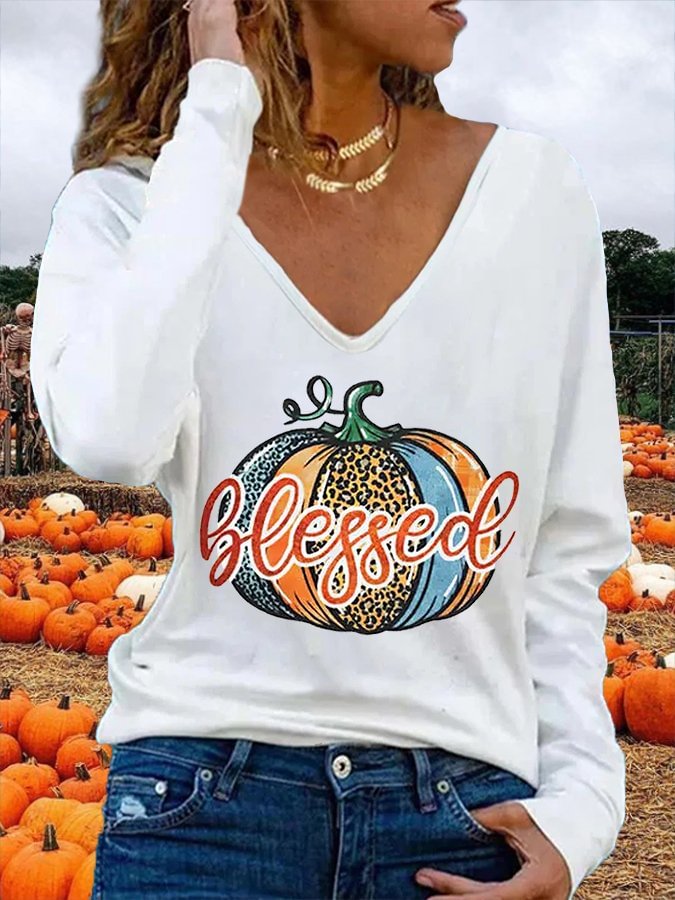 Women's Blessed Pumpkin Print Long-Sleeve T-Shirt