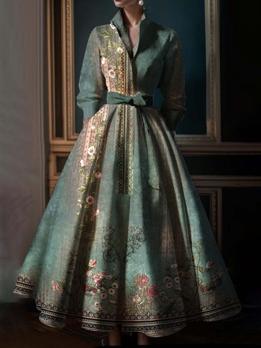 Women's Vintage Stand Collar Long Sleeve Belt Pocket Maxi Dress