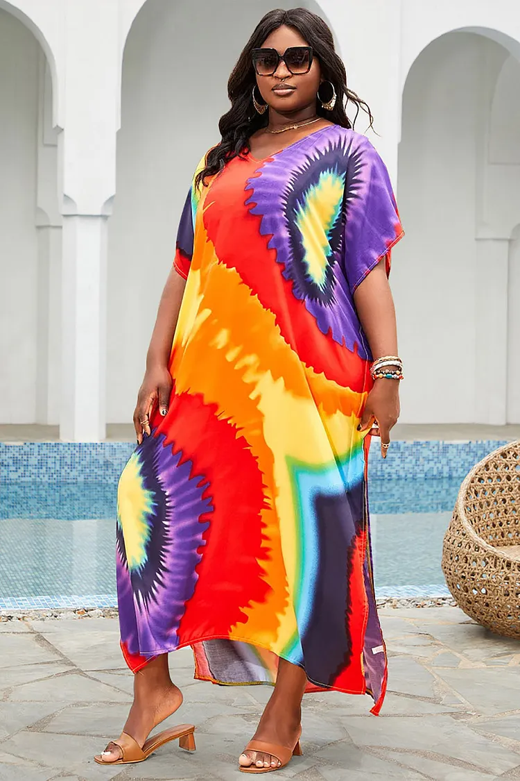 Xpluswear Design Plus Size Vacation Tie-Dye Print Side Slit Rainbow Kimono  Maxi Dresses [Pre-Order]