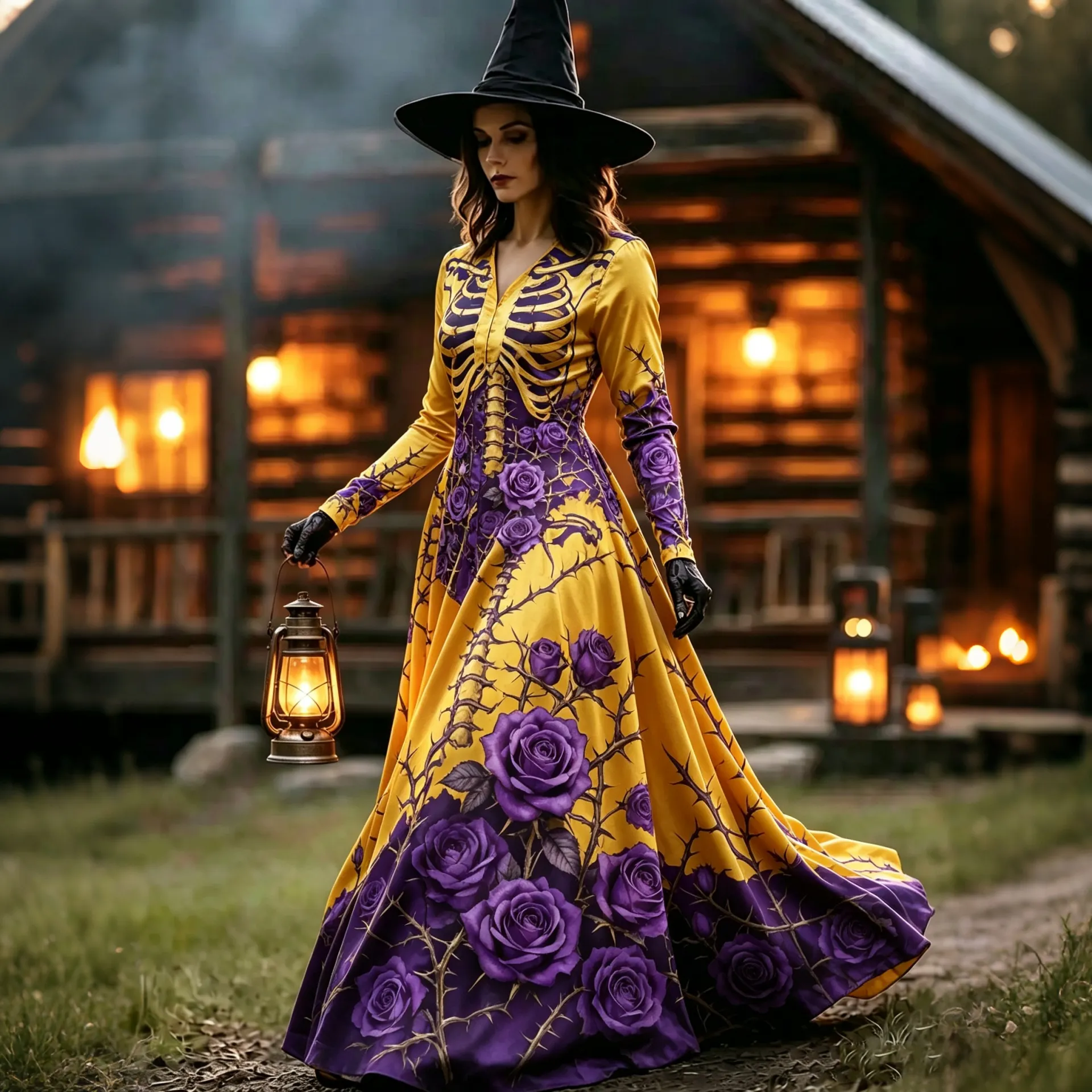 Women's Halloween Skull And Rose Color Block Print V-neck Long Sleeve Dress artswardrobe