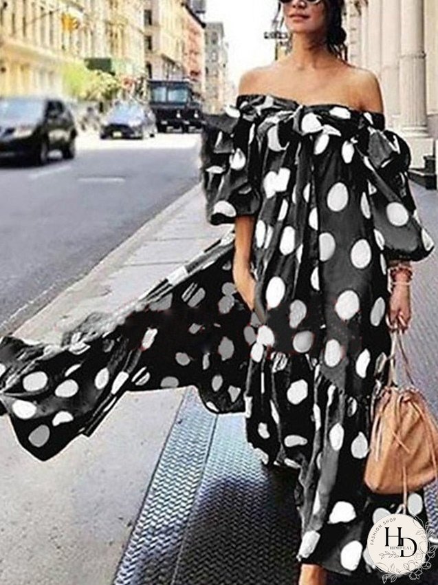 Casual Dress Swing Dress Long Dress Maxi Dress Black Red Brown Sleeveless Polka Dot Print Fall Autumn Off Shoulder Loose Fit S M L XL XXL XXXL 4XL 5XL for Women