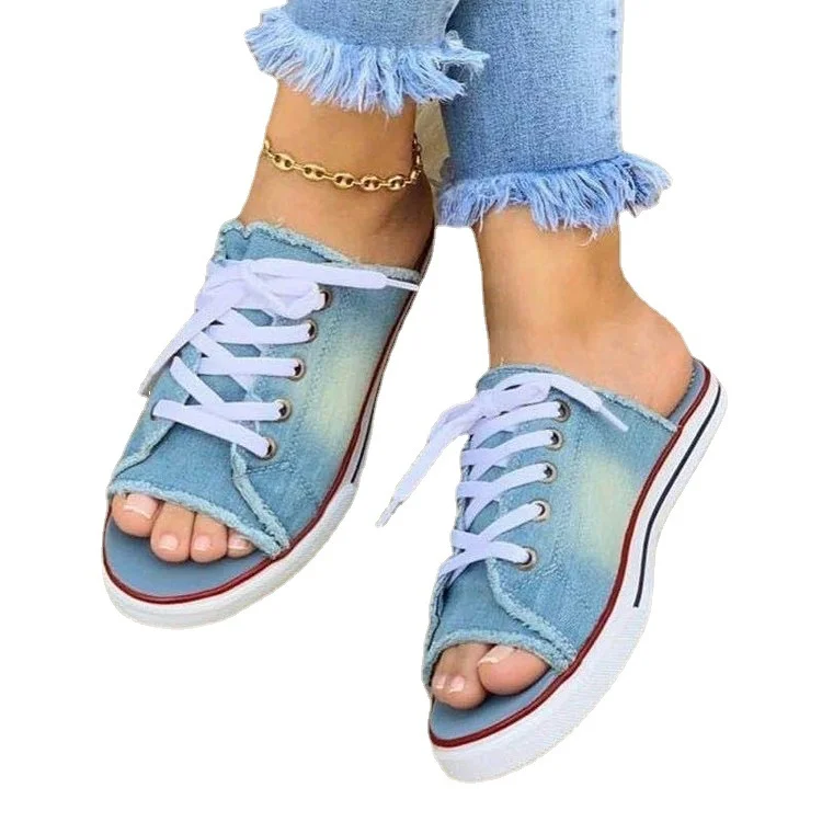Breakj Breakj 2025 Summer Canvas Korean Version Of Women's Cool Drag Flat Sandals Denim Shoes