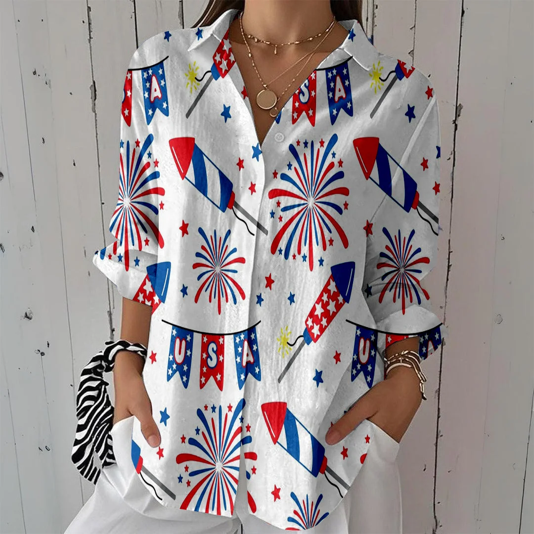 Style & Comfort for Mature Women Women  Independence Day, Star, Striped, Blue, Red DZCL0225 3/4 Sleeve Shirt Collar Printed Button Tops
