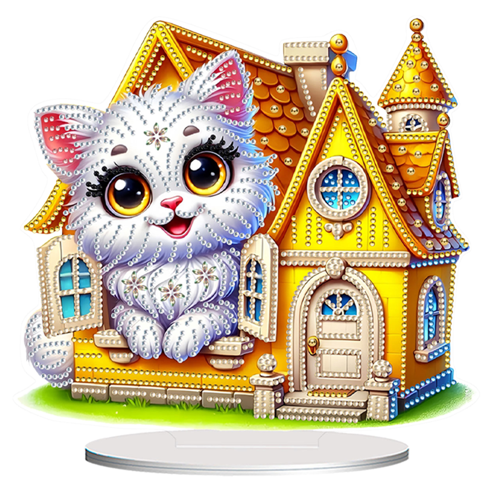 Acrylic Special Shape White Cat In Hut Diamond Painting Desktop Decors