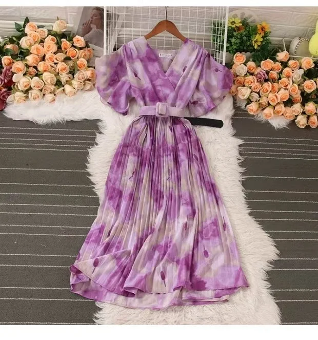 Athvotar Athvotar French Crumlom Dyed Summer New Waist Display Thin And Long Elegant Folded Chiffon Dress Holiday Woman