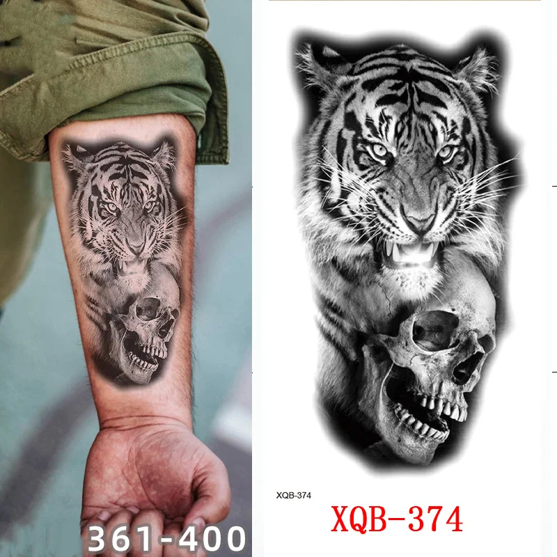 Sdrawing Forest Tattoo Sticker for Men Women Tiger Wolf Death Skull Temporary Tattoo Fake Henna Skeleton King Animal Tatoo Pattern