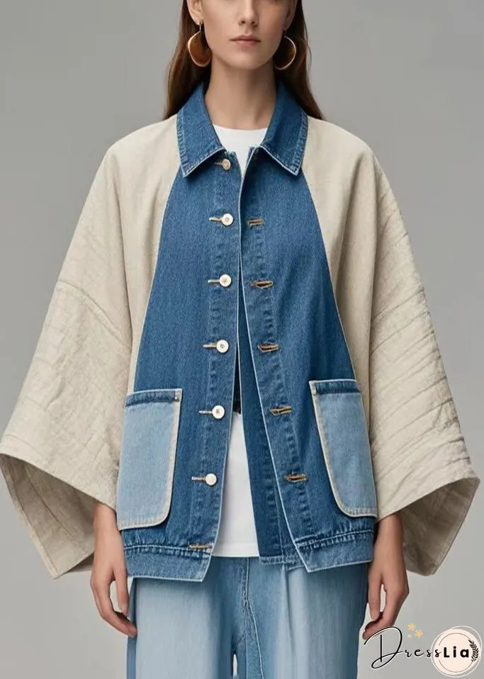 Plus Size Colorblock Oversized Patchwork Denim Coat Outwear Batwing Sleeve