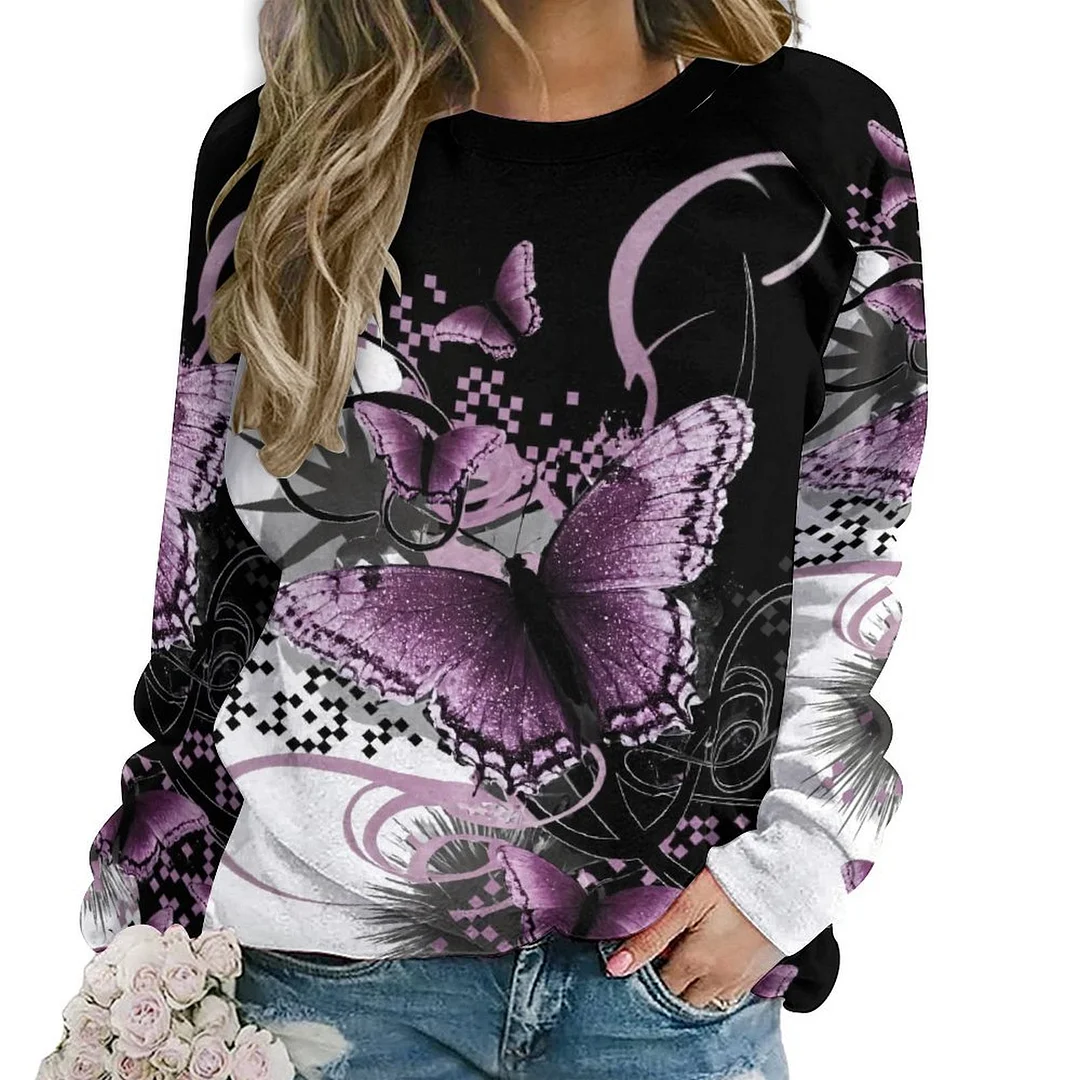 Printed Long Sleeve Casual Sweatshirt for  Women and Men Unisex Pattern Butterfly, Black, Floral, Purple