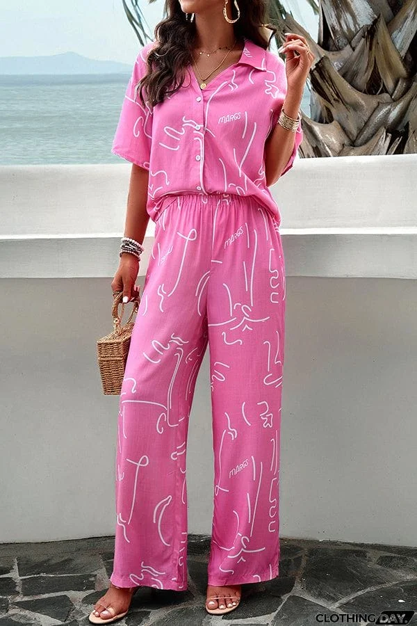 Fun Printed Button Pocket Long Sleeve Shirt and Elastic Waist Pants Set